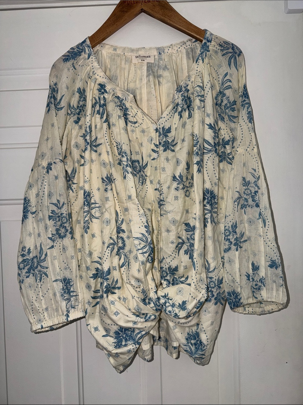 Talisman Blue Floral Tie-Front Peasant Blouse. S/M